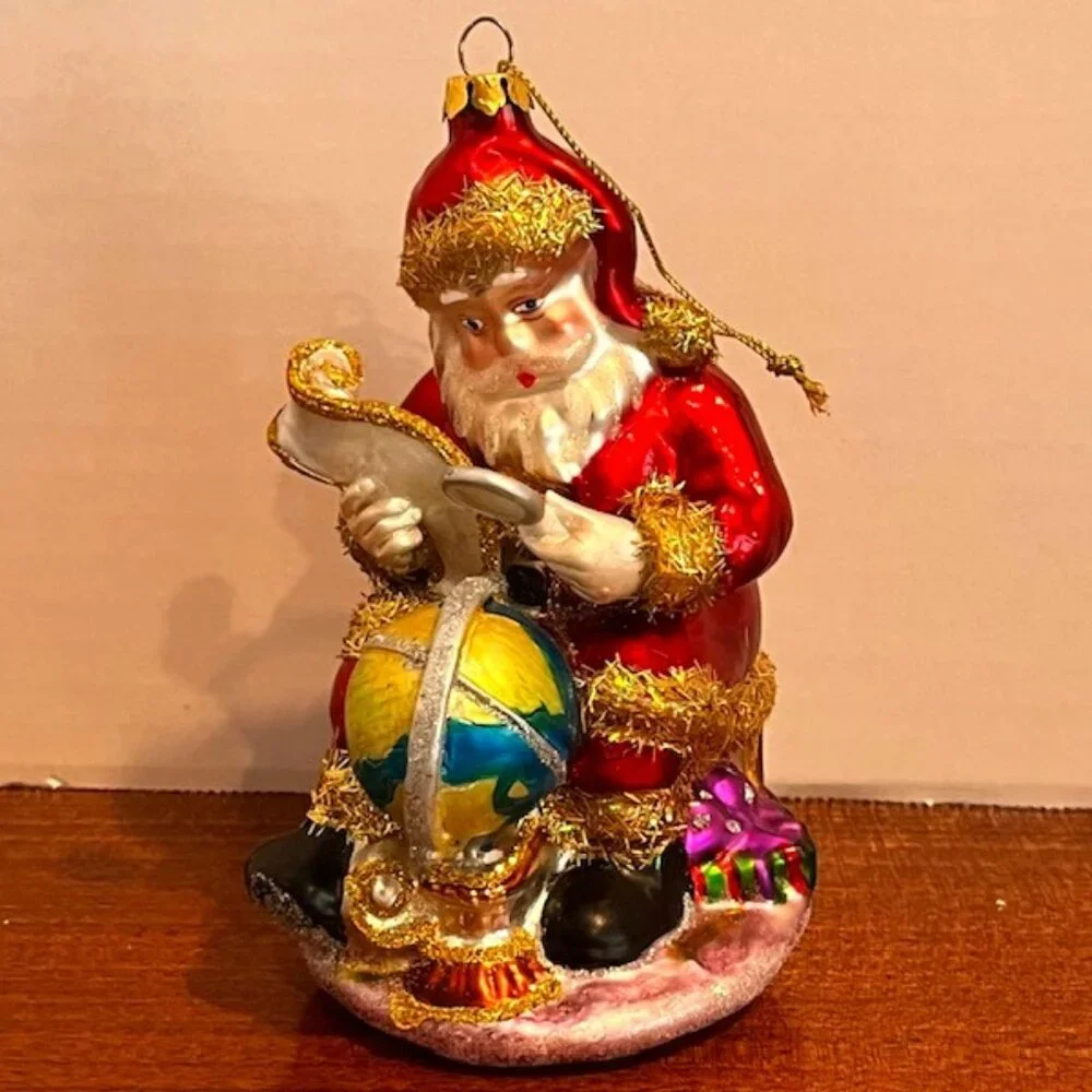 Mark Roberts Glass Ornament Santa with Magnifying Glass and Globe